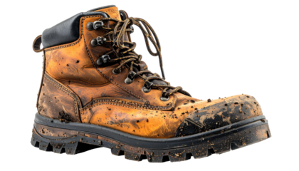 Worn, mud-caked, leather work boot, isolated on a black background