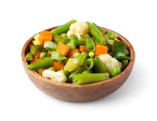 Bowl of stewed mixed vegetables on white background