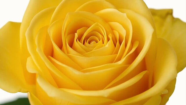 Close up of a bright yellow rose with dew drops on white background