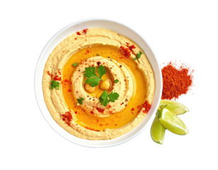 Creamy chickpea dip in white bowl, adorned with oil, spice, and garnish