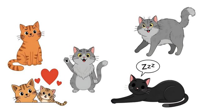 Cute Cartoon Cats Animated Collection Various Breeds Emotions and Actions