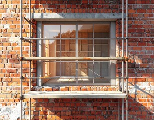 Close-up of a brick building with a window and scaffolding, highlighting construction and repair. The window reflects sky and trees