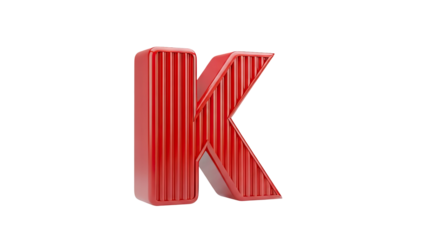 3D Red 3D Letter K with vertical ridges on transparent background