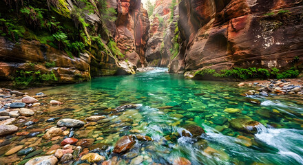 Serene canyon river with clear turquoise water and mossy red rock formations