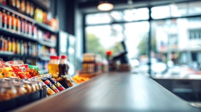 A cozy shop interior featuring shelves stocked with beverages and snacks, with a wooden counter in the foreground and natural light flowing through large windows.