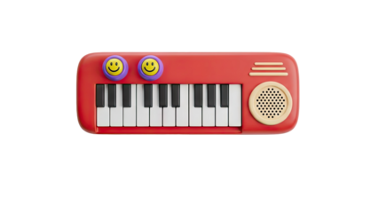 3D Red toy keyboard with smiley faces and speaker on transparent background