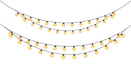 A string of yellow lights hanging from a wire against a plain white background