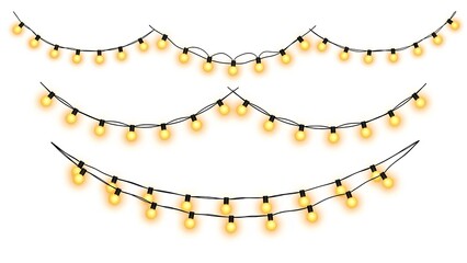 A string of yellow lights hanging in a curved line against a white background