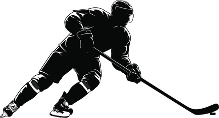 Hockey player silhouette in action pose, professional athlete skating with stick and puck, winter sports competition vector illustration for graphic design projects