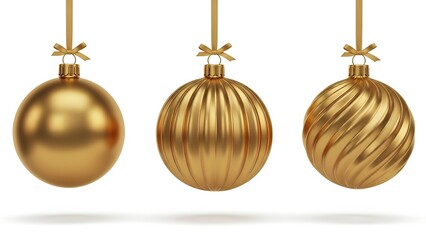 Three golden Christmas ornaments hanging in a row on a white background.