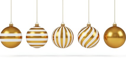 Golden Christmas ornaments hanging in a row against a white background
