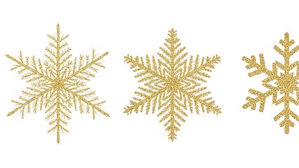 Three glittering golden snowflakes isolated on a white background, perfect for winter and holiday decorations