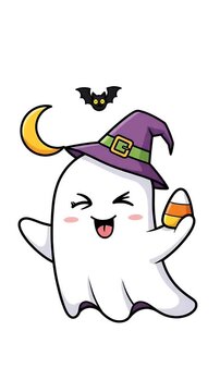 Cute Cartoon Ghost Wearing Witch Hat Holding Candy Corn Happy Halloween