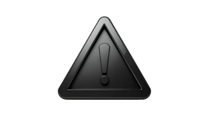 A metallic, dark gray warning sign in a triangle shape on a black background