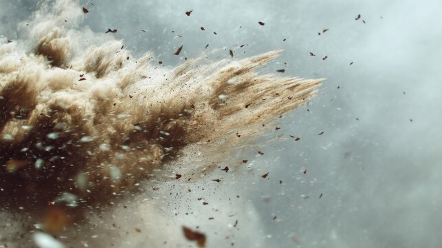 A cloud of dust and debris rises from the ground at a construction site. Workers and machinery are engaged in moving earth. The scene shows activity in the afternoon light and disturbed land. - Powered by Adobe