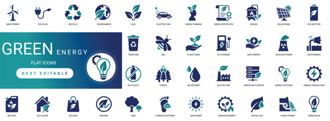 Green energy solid icon set featuring renewable solar wind power, ecology sustainability nature, recycling eco environment, and clean alternative electric editable vector icons. © Iconova Studio