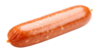 Freshly packaged sausage link, encased in transparent cellophane