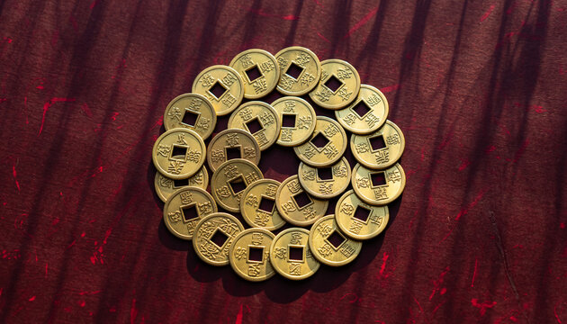 Coin Spiral on Red. Chinese New Year. A minimalist flat lay of a dark crimson surface. A neat spiral of fifty gold I-Ching coins has been meticulously arranged, drawing the eye to the center.

