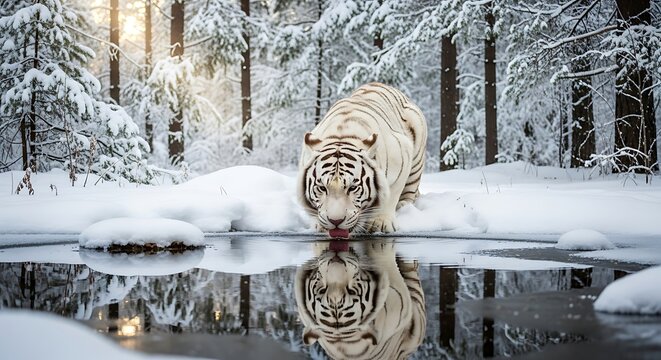 White tiger in snowy forest landscape.