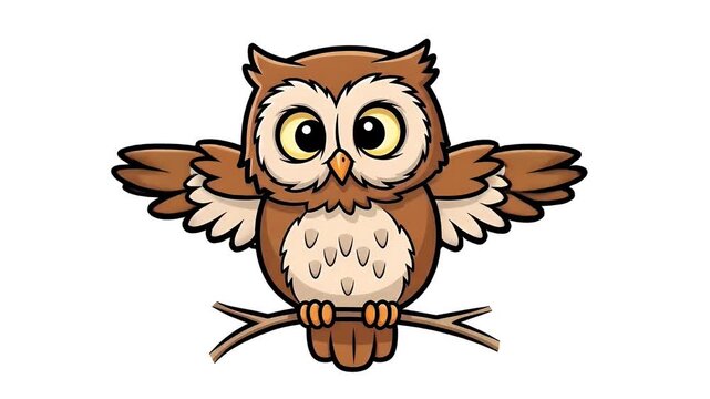 Cute Cartoon Owl Perched On A Branch With White Background Animation