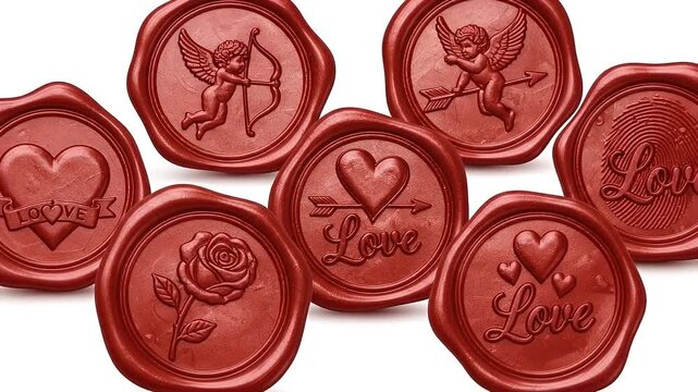 Collection of Red Wax Seals with Love Hearts and Cupids