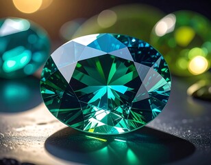 Close-up of a cut gemstone, displaying vibrant emerald hues and intricate facets. The stone casts a shadow on the surface