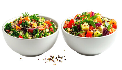Two white bowls of colorful grain salad, speckled spices nearby