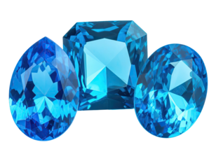 Three radiant, faceted gemstones in vibrant shades of azure blue