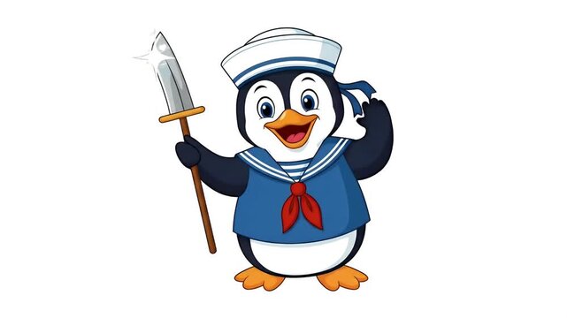 Cute Cartoon Penguin Sailor Holding Spear On White Background