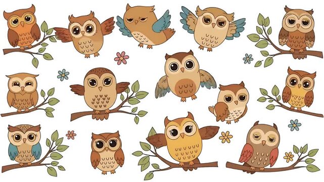 Cute Cartoon Owls Collection Perched on Branches with Flowers