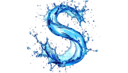 A blue, watery "S" erupts from a splash, set against black