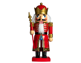 Traditional wooden figure of a royal soldier nutcracker, standing at attention on a black background