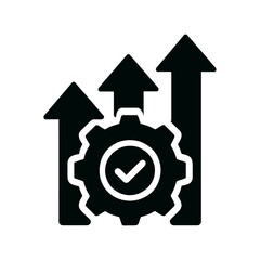 black gear icon with check mark and three arrows pointing up
