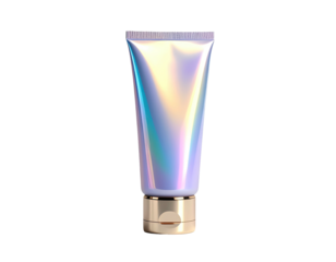Holographic cosmetic tube, gold cap, against black background