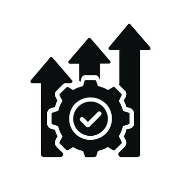 black gear icon with check mark and three arrows pointing up