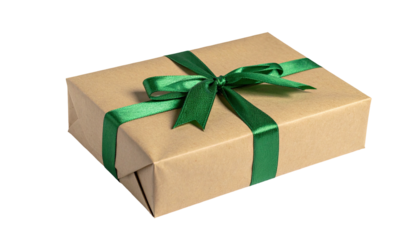 A rectangular gift wrapped in brown paper tied with a green ribbon