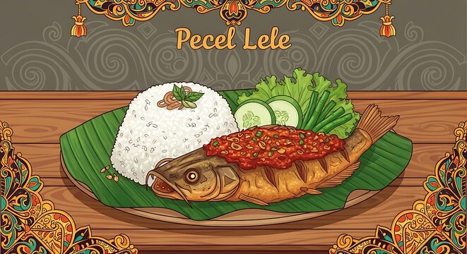Traditional Indonesian Pecel Lele Dish with Rice and Vegetables.