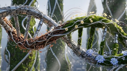 Surreal futuristic scene showing a dna double helix formed from metallic structures and living plant stems with vibrant green leaves blending science and nature in a detailed digital environment
