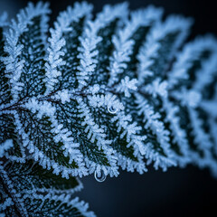 Close-up of a fern leaf covered in delicate white frost crystals with water droplets, showcasing winter's intricate beauty.