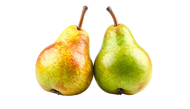 Two ripe pears, one greener, the other reddish-yellow, side-by-side on black