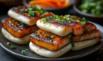 Pork belly and bao bun plate with Asian street food or snack. A detailed, close-up shot of a delicious, colorful dish, emphasizing flavors and culinary craftsmanship, Generative AI