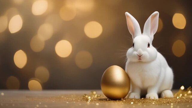 A golden Easter egg and cute Easter bunny. Happy easter day.