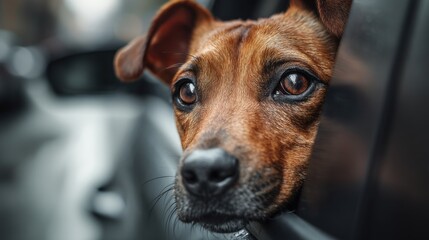 A dog with brown fur rests its head on the edge of a car window while looking outside. The scene shows a busy city street filled with cars and people.