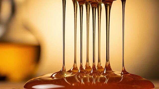 Golden honey dripping down, showcasing its beautiful texture
