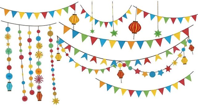 Colorful Festive Bunting Lanterns And Paper Garlands Hanging Decoration