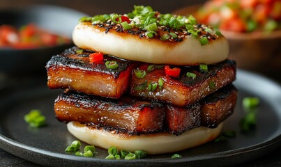 Pork belly and bao bun plate with Asian street food or snack. A detailed, close-up shot of a delicious, colorful dish, emphasizing flavors and culinary craftsmanship, Generative AI