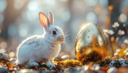 A golden Easter egg and cute Easter bunny. Happy easter day.