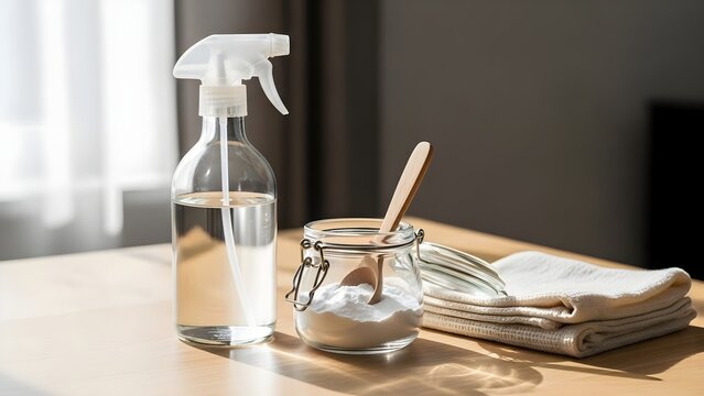 Eco-Friendly Cleaning Supplies on Wooden Table.
