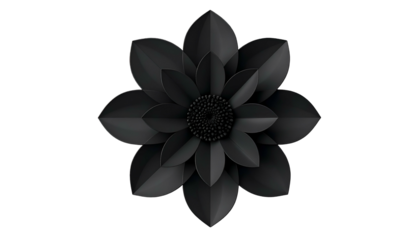 A detailed image showcasing a paper-crafted, monochrome flower with layered petals against a black backdrop