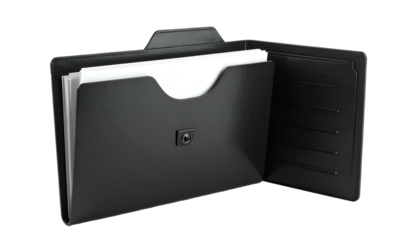 Open black document folder with a flap, containing white papers, on a black background